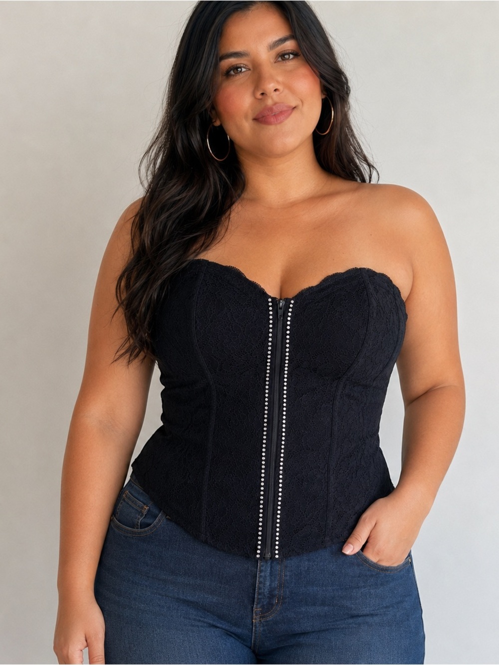 Cacique Corset Women' XL Black Lace Bustier Rhinestones Front Zip 42 Plus